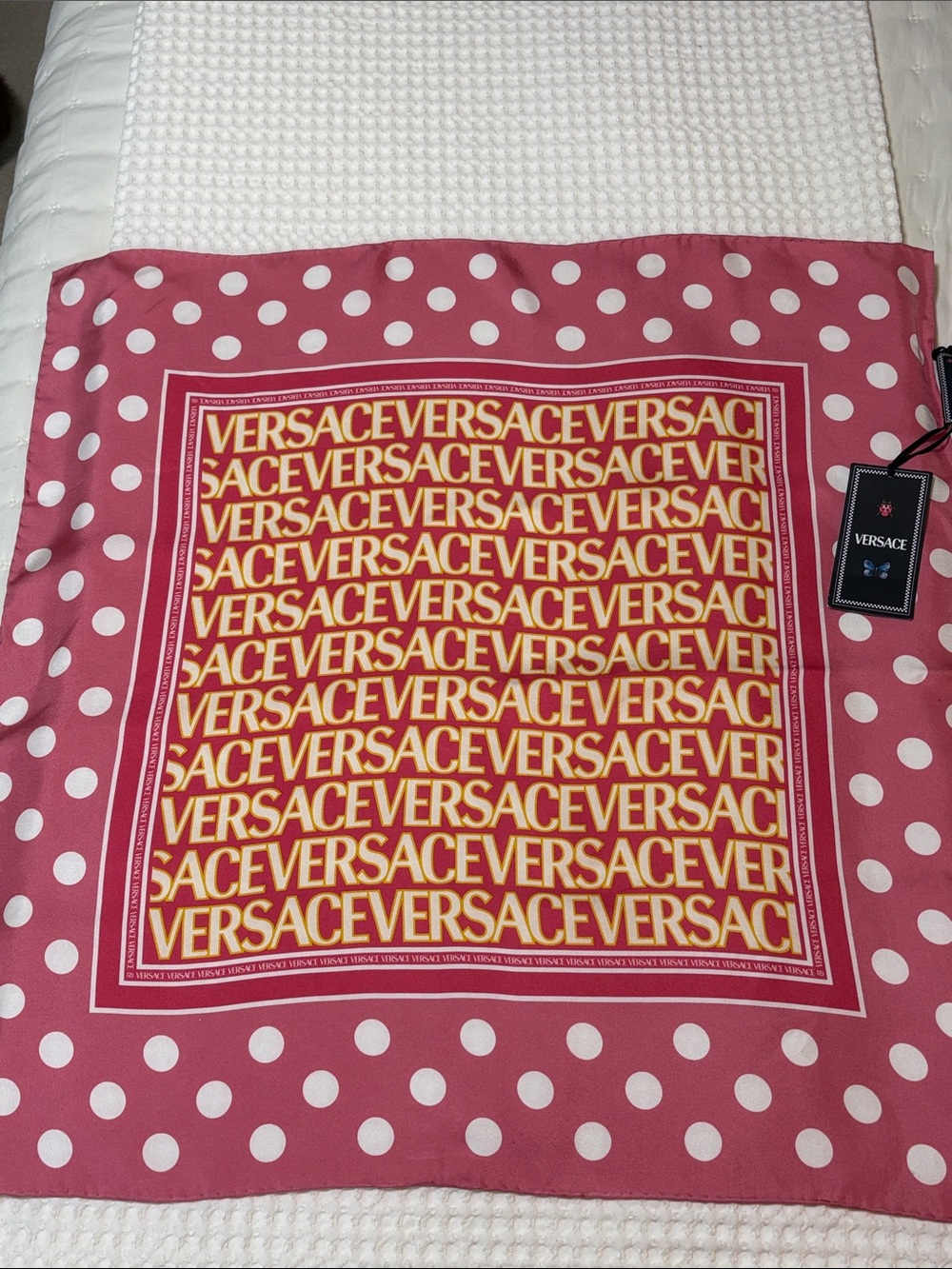 Versace NWT Pink and White Polka Dot Logo Silk Scarf